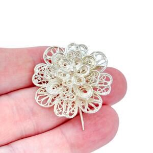 Filigree Flower Brooch | Layered Floral Pin | Vintage Sterling Silver 925